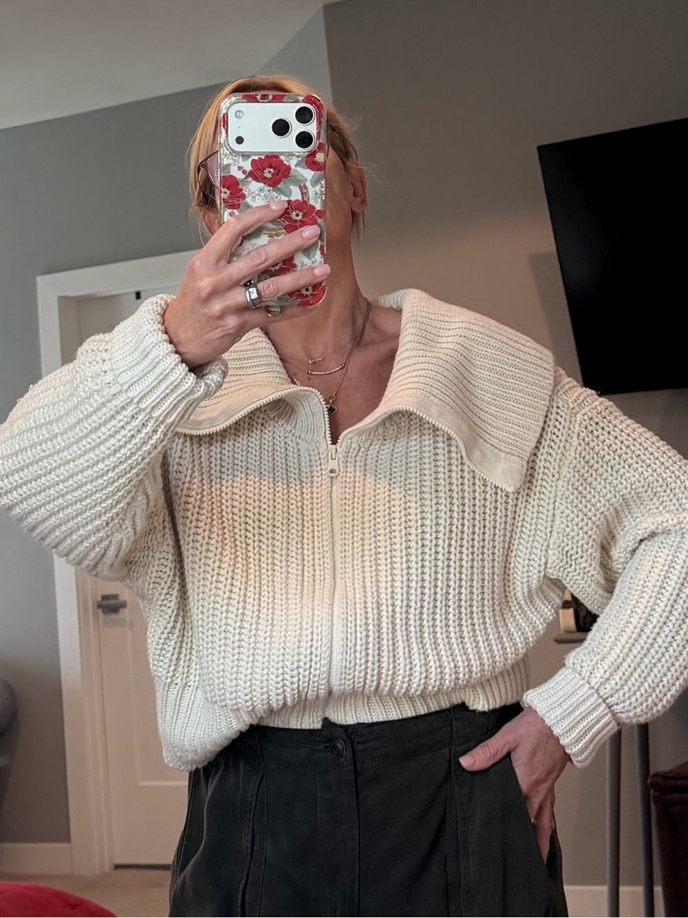 aerie Cream Zip-Up Chunky Cowl Sweater - Picture 9 of 11